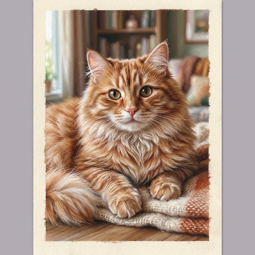 Рисунок рыжей кошки сухой пастелью