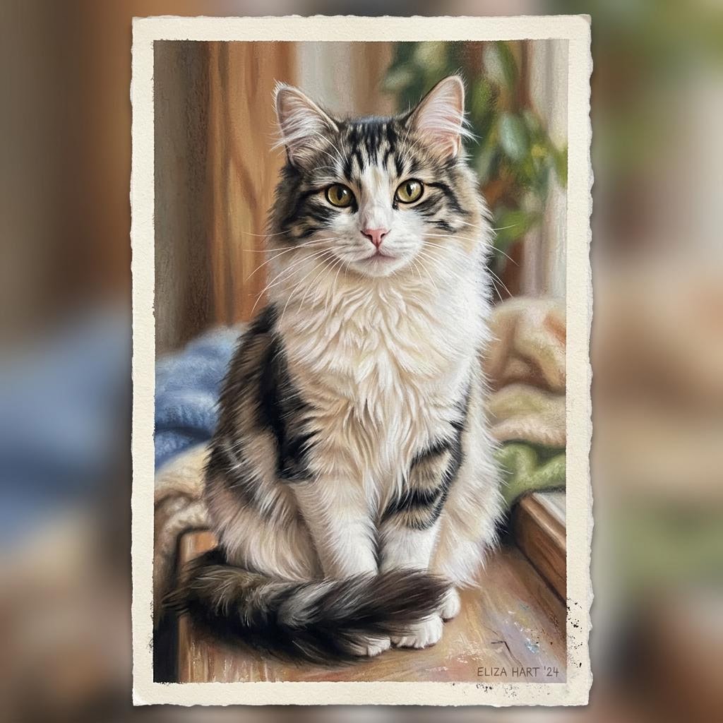 Рисунок светлой кошки сухой пастелью